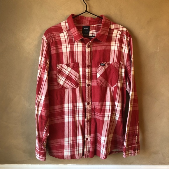 - RVCA red plaid cotton button up - Picture 1 of 7